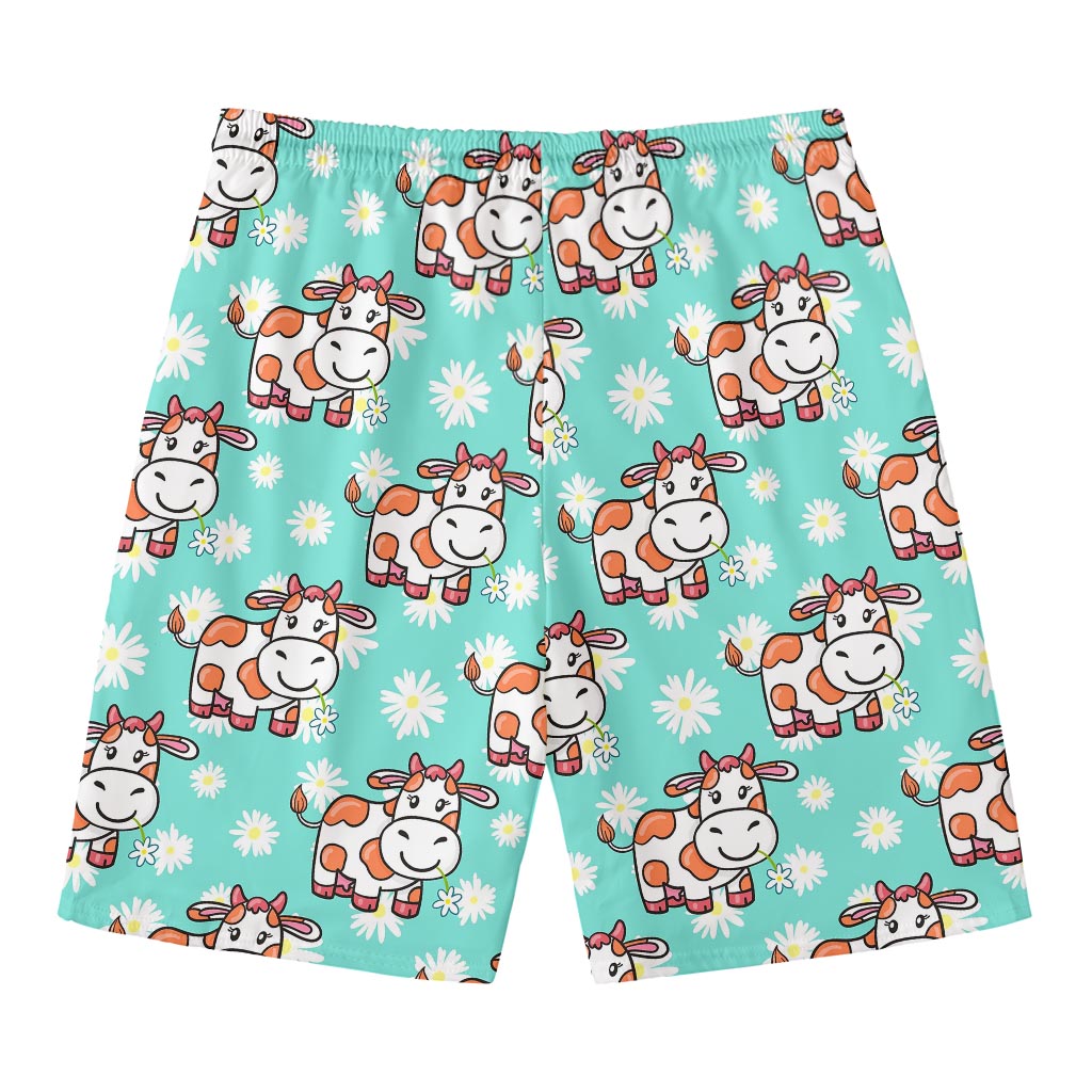 Cartoon Cow And Daisy Flower Print Men's Swim Trunks