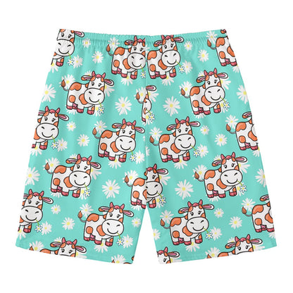 Cartoon Cow And Daisy Flower Print Men's Swim Trunks