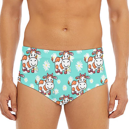 Cartoon Cow And Daisy Flower Print Men's Triangle Swim Briefs