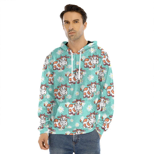 Cartoon Cow And Daisy Flower Print Men's Velvet Pullover Hoodie
