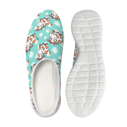 Cartoon Cow And Daisy Flower Print Mesh Casual Shoes
