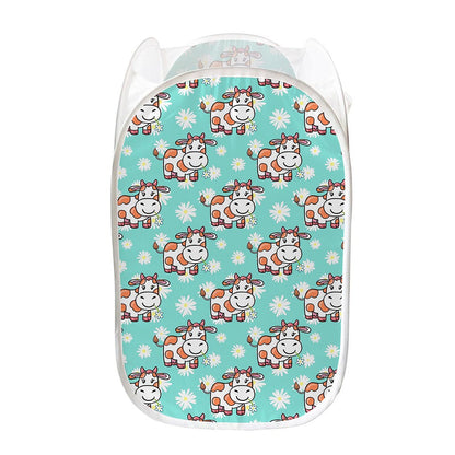 Cartoon Cow And Daisy Flower Print Mesh Laundry Hamper