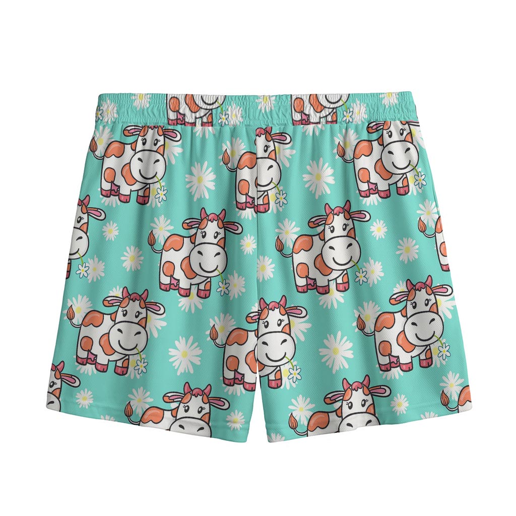 Cartoon Cow And Daisy Flower Print Mesh Shorts