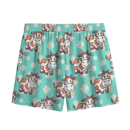 Cartoon Cow And Daisy Flower Print Mesh Shorts