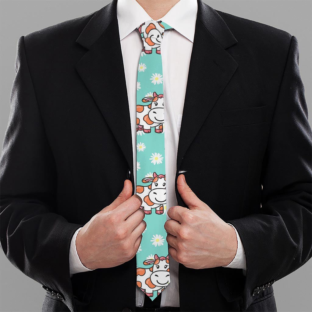 Cartoon Cow And Daisy Flower Print Necktie