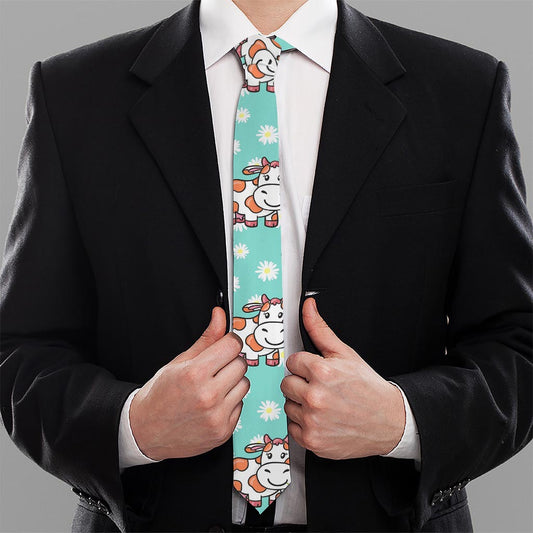 Cartoon Cow And Daisy Flower Print Necktie