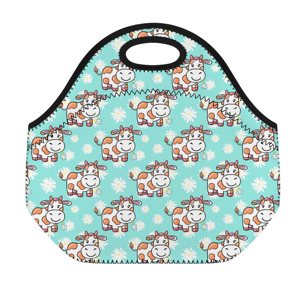 Cartoon Cow And Daisy Flower Print Neoprene Lunch Bag