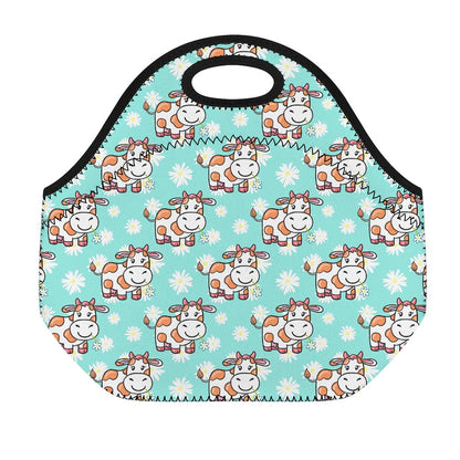 Cartoon Cow And Daisy Flower Print Neoprene Lunch Bag