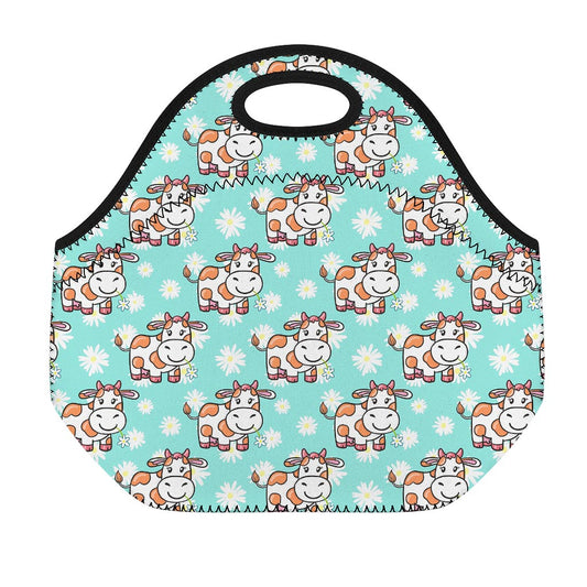 Cartoon Cow And Daisy Flower Print Neoprene Lunch Bag