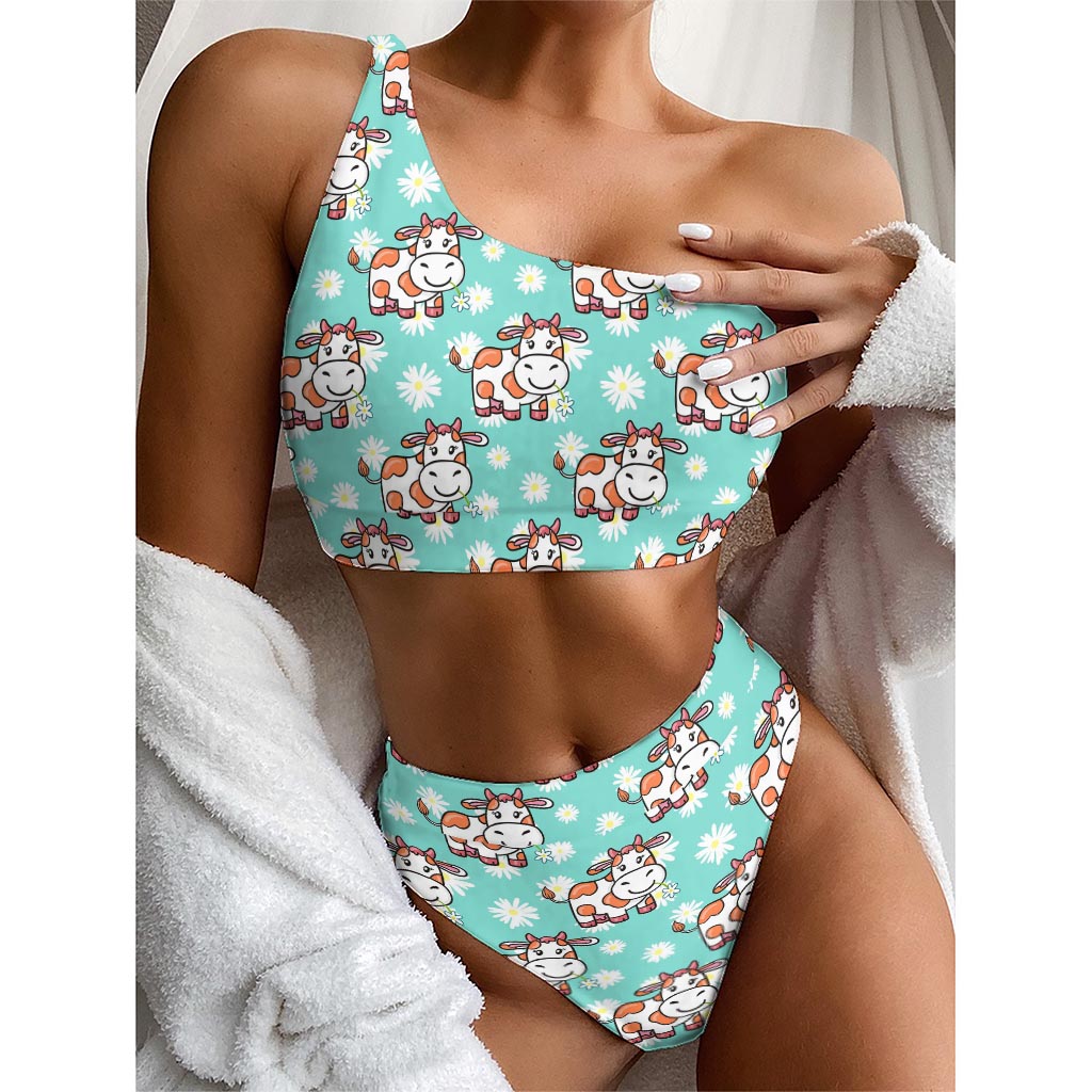 Cartoon Cow And Daisy Flower Print One Shoulder Bikini Top