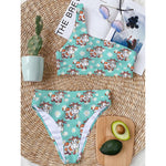 Cartoon Cow And Daisy Flower Print One Shoulder Bikini Top