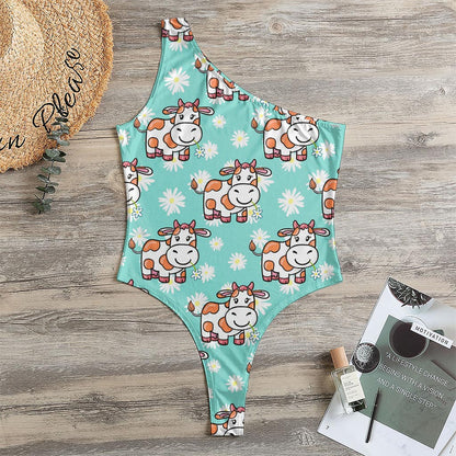 Cartoon Cow And Daisy Flower Print One Shoulder Bodysuit