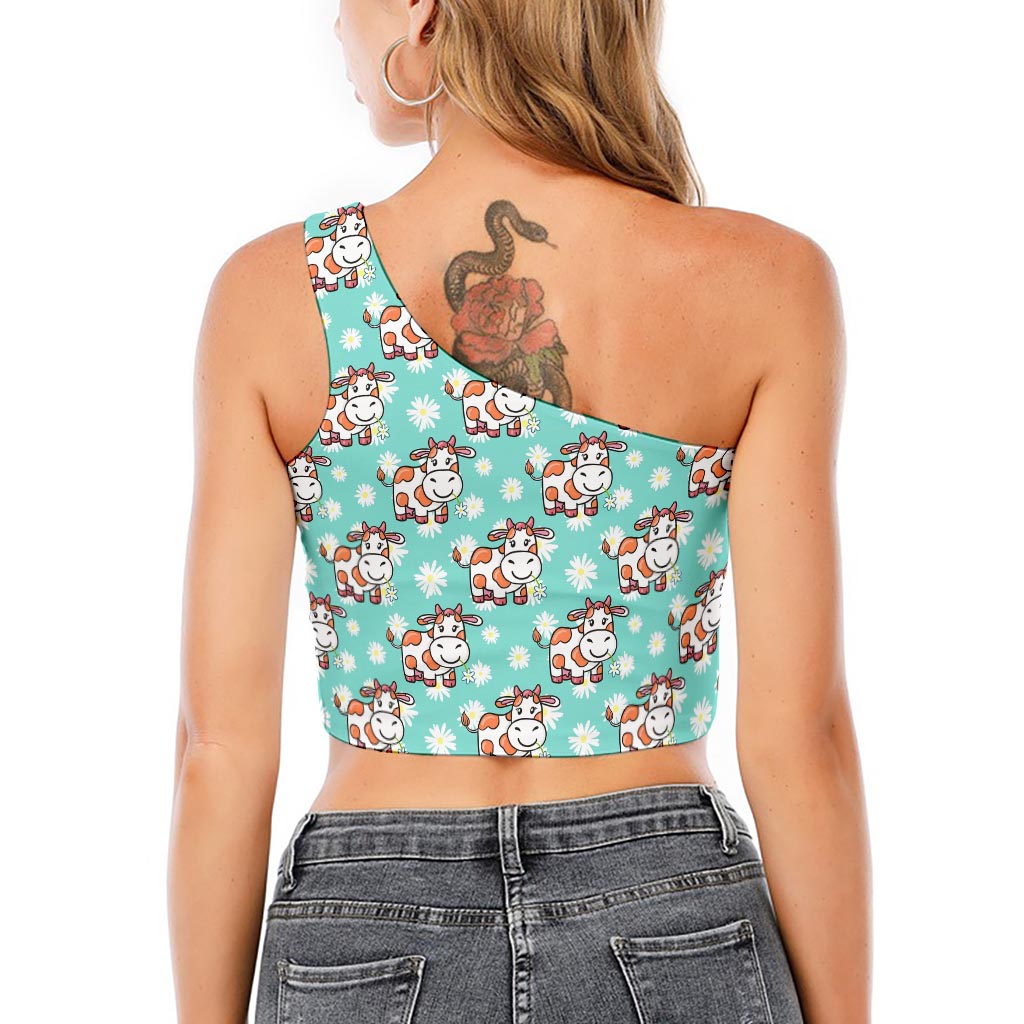 Cartoon Cow And Daisy Flower Print One Shoulder Crop Top