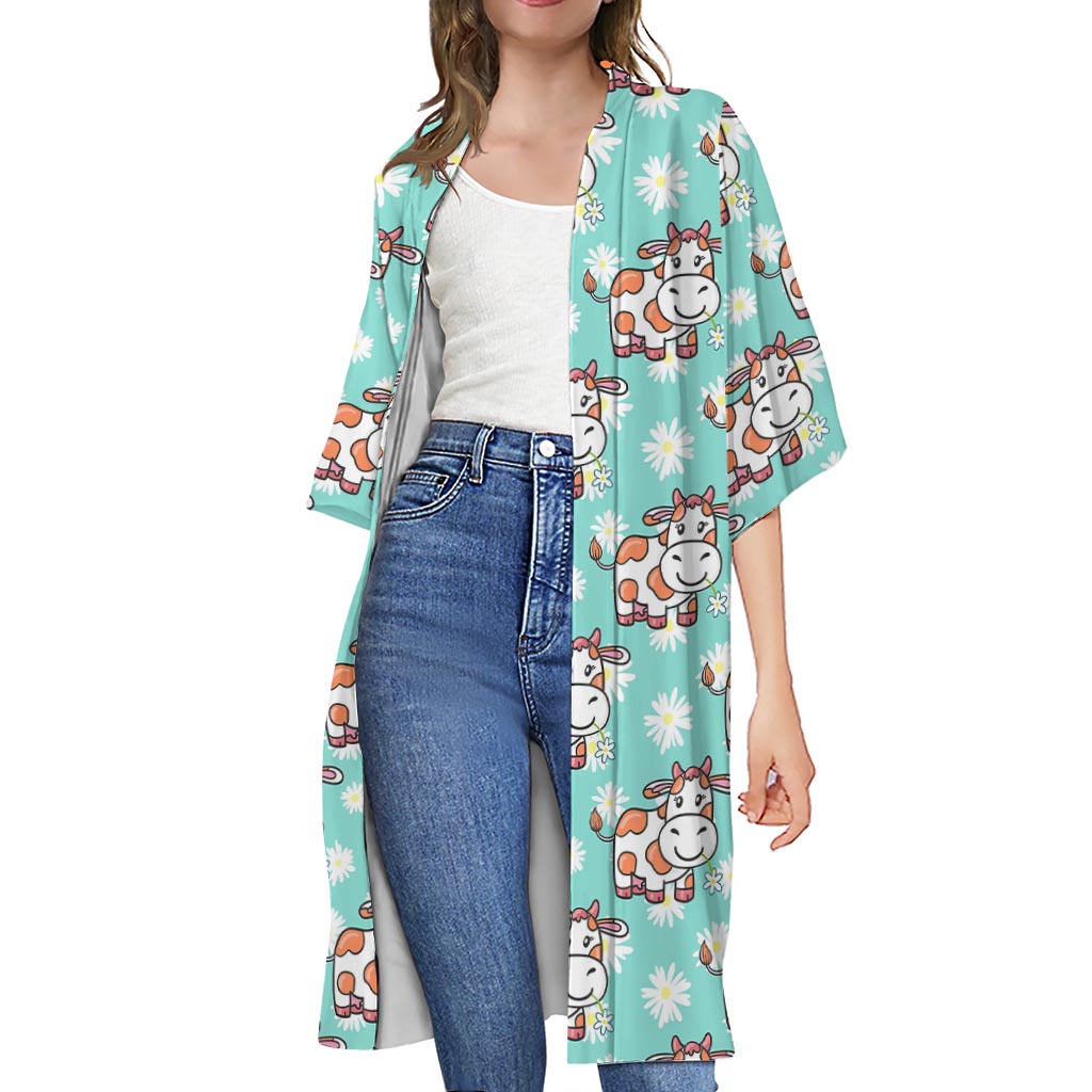 Cartoon Cow And Daisy Flower Print Open Front Beach Cover Up