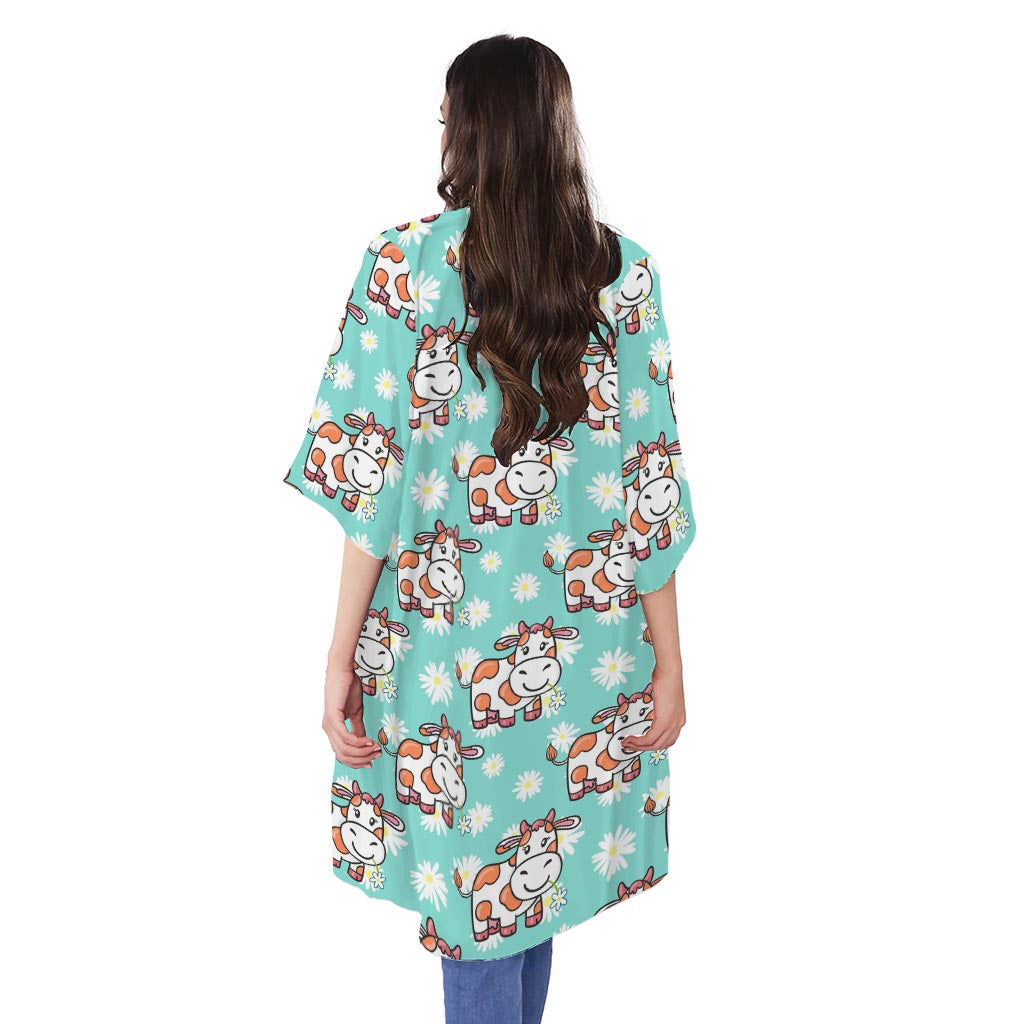 Cartoon Cow And Daisy Flower Print Open Front Beach Cover Up