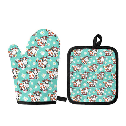 Cartoon Cow And Daisy Flower Print Oven Mitt And Pot Holder Set