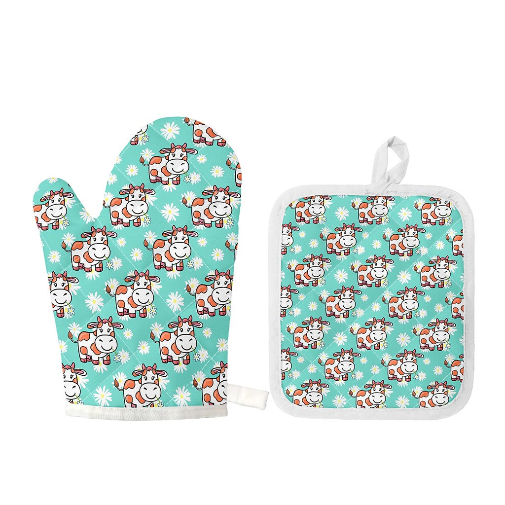 Cartoon Cow And Daisy Flower Print Oven Mitt And Pot Holder Set