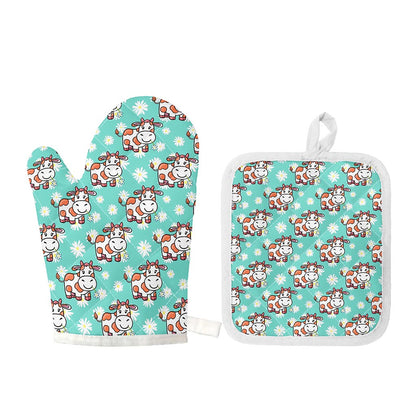 Cartoon Cow And Daisy Flower Print Oven Mitt And Pot Holder Set
