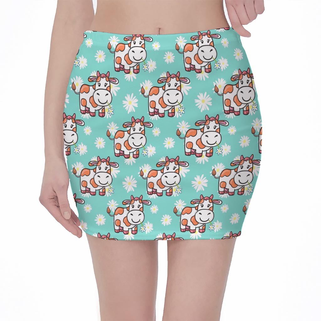 Cartoon Cow And Daisy Flower Print Pencil Mini Skirt