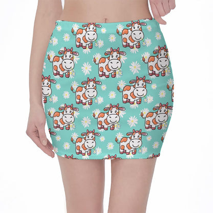 Cartoon Cow And Daisy Flower Print Pencil Mini Skirt