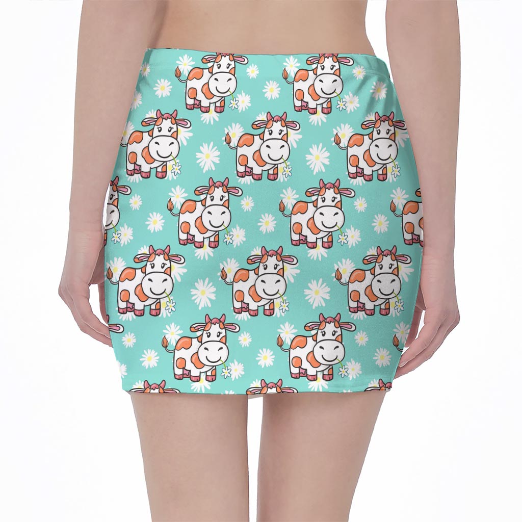 Cartoon Cow And Daisy Flower Print Pencil Mini Skirt
