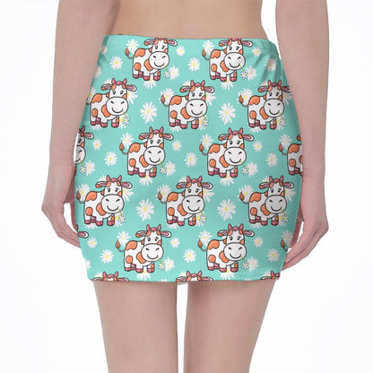 Cartoon Cow And Daisy Flower Print Pencil Mini Skirt