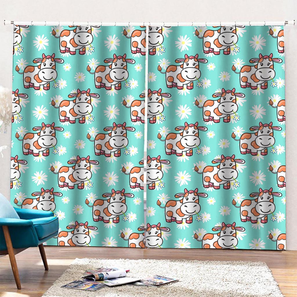 Cartoon Cow And Daisy Flower Print Pencil Pleat Curtains