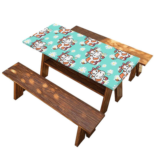 Cartoon Cow And Daisy Flower Print Picnic Table Cover