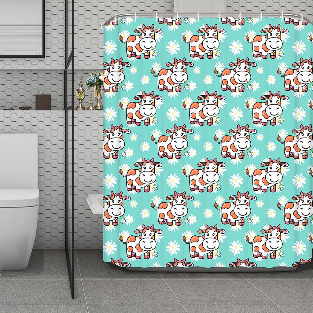 Cartoon Cow And Daisy Flower Print Polyester Shower Curtain