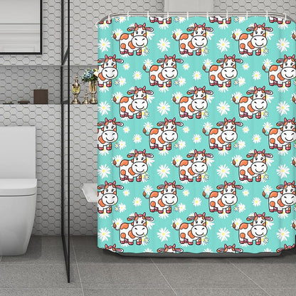 Cartoon Cow And Daisy Flower Print Polyester Shower Curtain