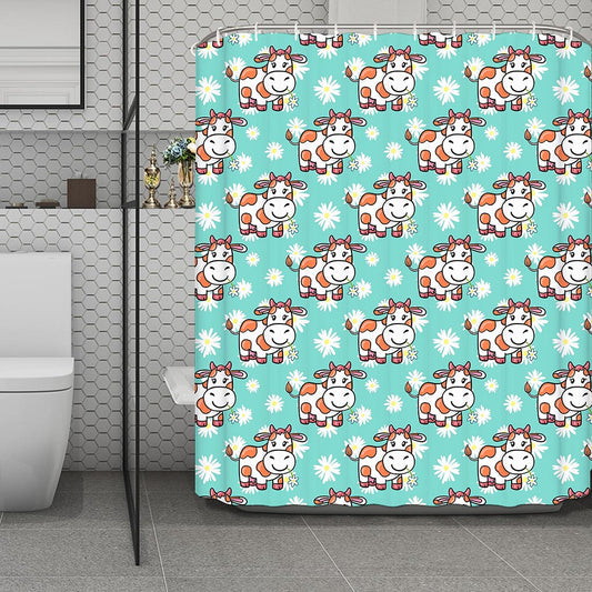 Cartoon Cow And Daisy Flower Print Polyester Shower Curtain