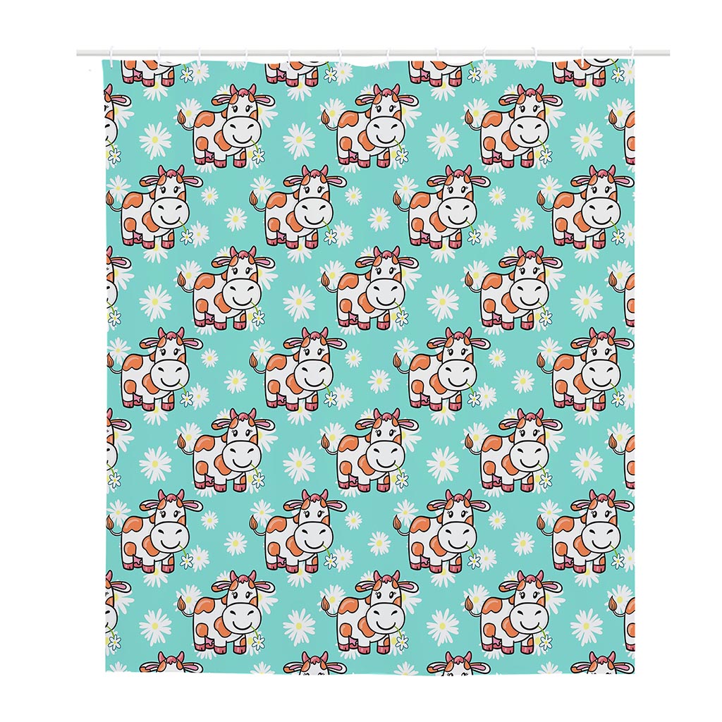 Cartoon Cow And Daisy Flower Print Polyester Shower Curtain