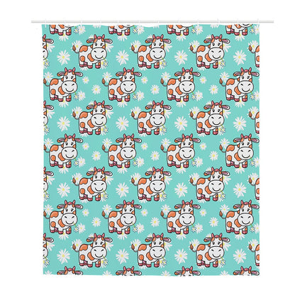 Cartoon Cow And Daisy Flower Print Polyester Shower Curtain