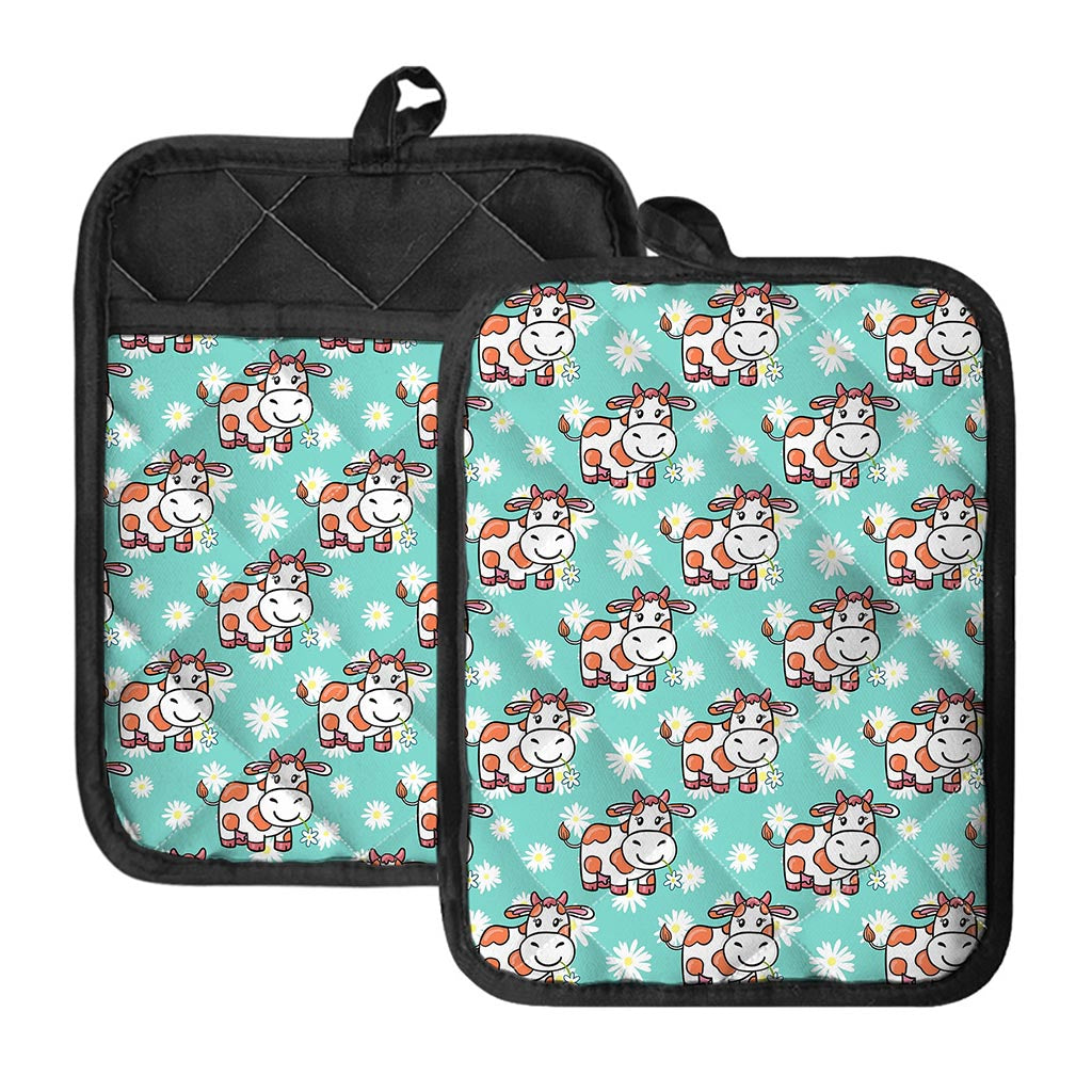 Cartoon Cow And Daisy Flower Print Pot Holders With Pocket