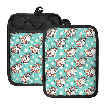 Cartoon Cow And Daisy Flower Print Pot Holders With Pocket