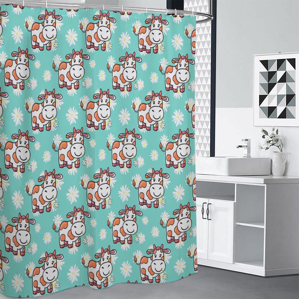 Cartoon Cow And Daisy Flower Print Premium Shower Curtain