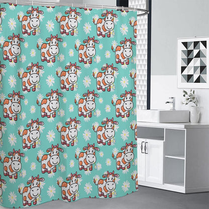 Cartoon Cow And Daisy Flower Print Premium Shower Curtain