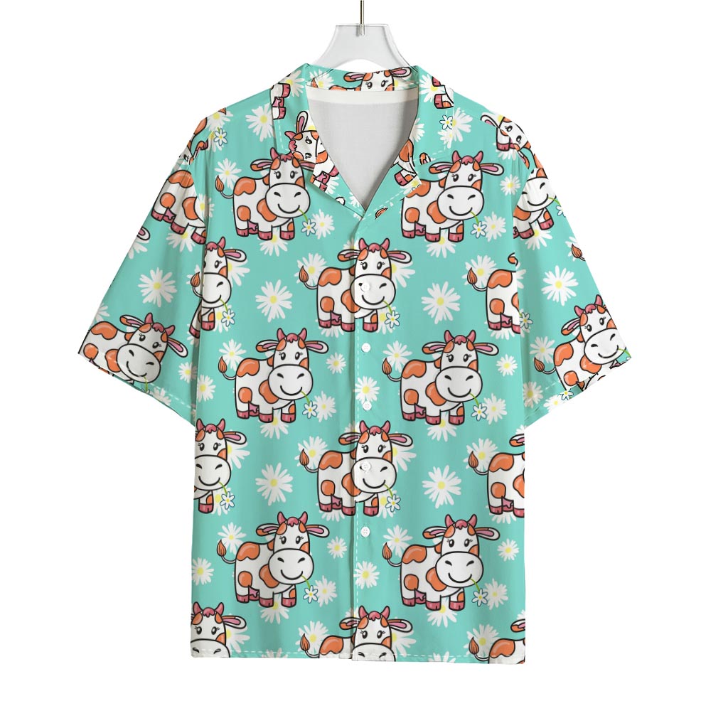Cartoon Cow And Daisy Flower Print Rayon Hawaiian Shirt