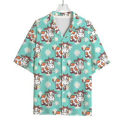 Cartoon Cow And Daisy Flower Print Rayon Hawaiian Shirt