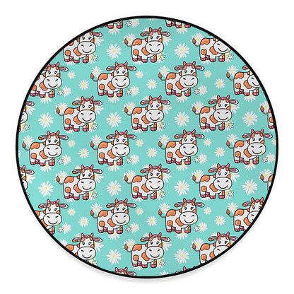 Cartoon Cow And Daisy Flower Print Round Floor Mat