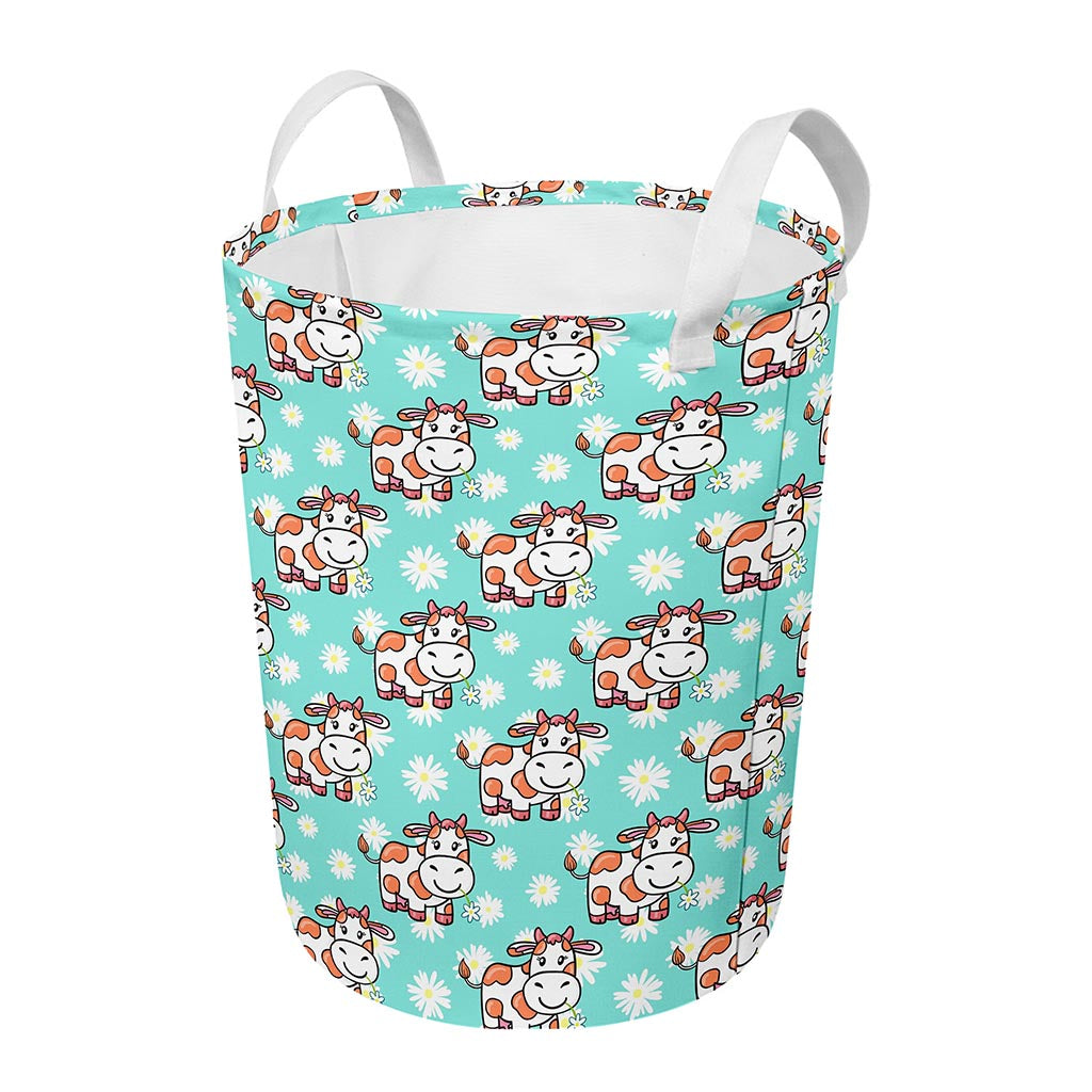 Cartoon Cow And Daisy Flower Print Round Laundry Basket
