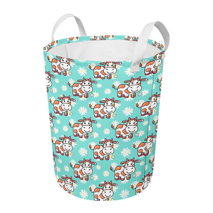 Cartoon Cow And Daisy Flower Print Round Laundry Basket