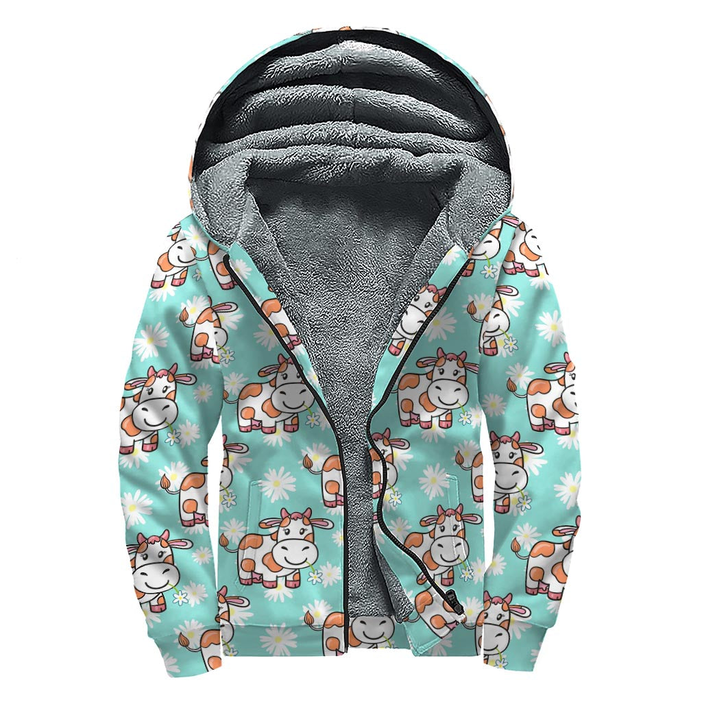 Cartoon Cow And Daisy Flower Print Sherpa Lined Zip Up Hoodie