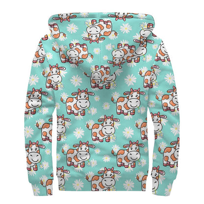 Cartoon Cow And Daisy Flower Print Sherpa Lined Zip Up Hoodie