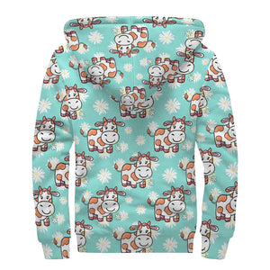 Cartoon Cow And Daisy Flower Print Sherpa Lined Zip Up Hoodie