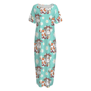 Cartoon Cow And Daisy Flower Print Short Sleeve Long Nightdress