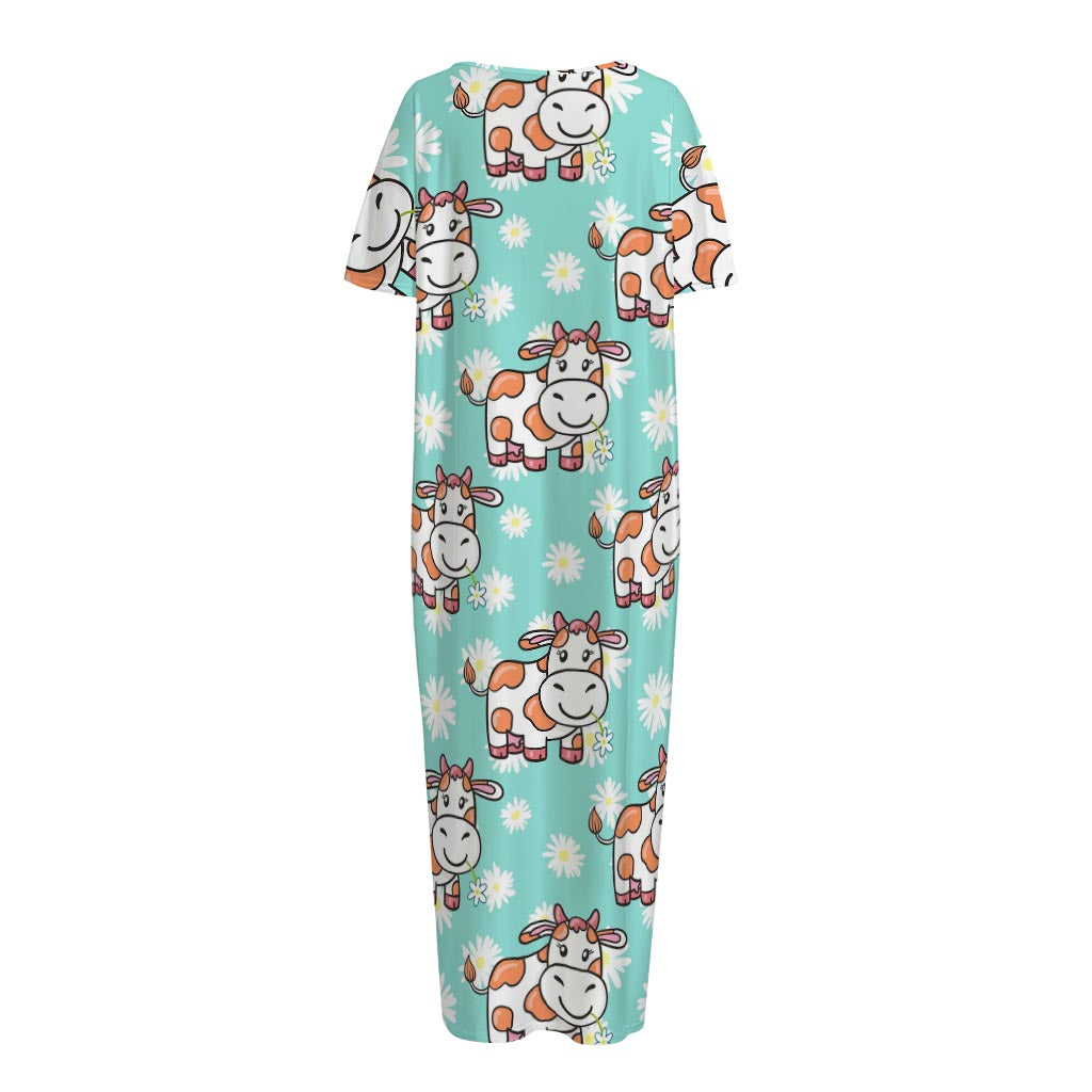 Cartoon Cow And Daisy Flower Print Short Sleeve Long Nightdress