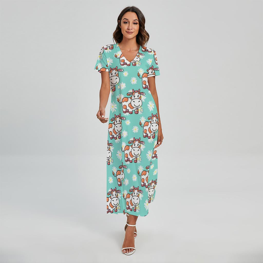 Cartoon Cow And Daisy Flower Print Short Sleeve Maxi Dress