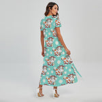 Cartoon Cow And Daisy Flower Print Short Sleeve Maxi Dress