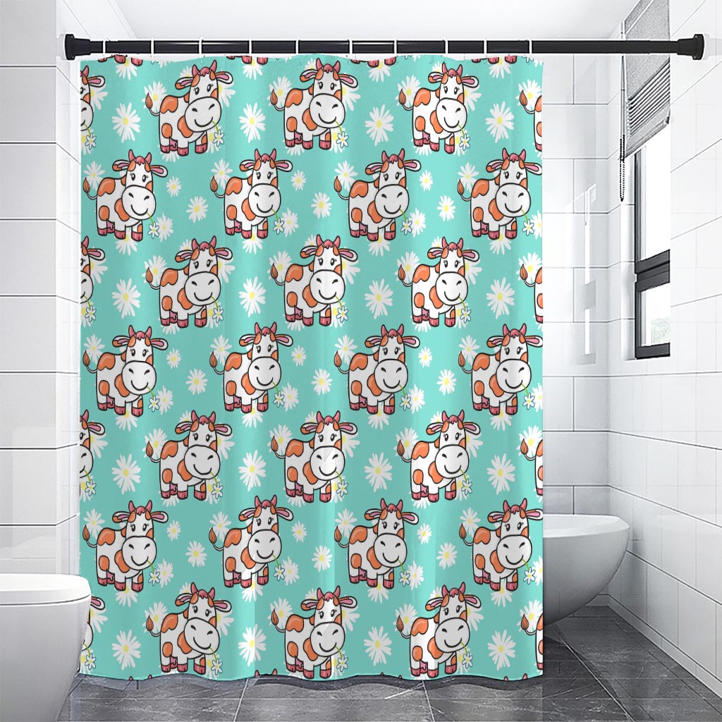 Cartoon Cow And Daisy Flower Print Shower Curtain